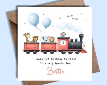 1er, 2e, 3e, 4e et 5e anniversaire de train carte avec animaux, fils, fille, carte d'anniversaire avec train, tout âge carte train, carte train rouge