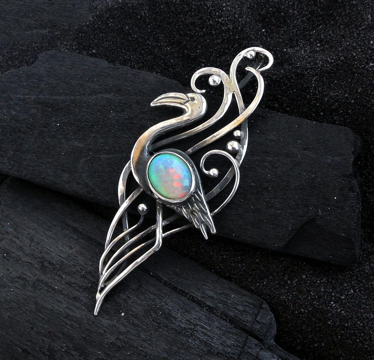 Opal necklace Sterling silver bird necklace Flamingo necklace Elven necklace