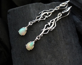 Opal earrings, Elven earrings,  Sterling silver earrings, Botanical earrings, Branch earrings