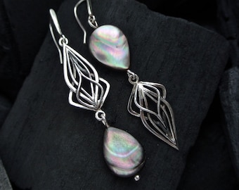 Mother of pearl earrings, stylish earrings,  Sterling silver earrings, asymmetrical earrings, geometric earrings