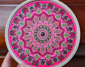 Original dotted mandala painting on wooden plate