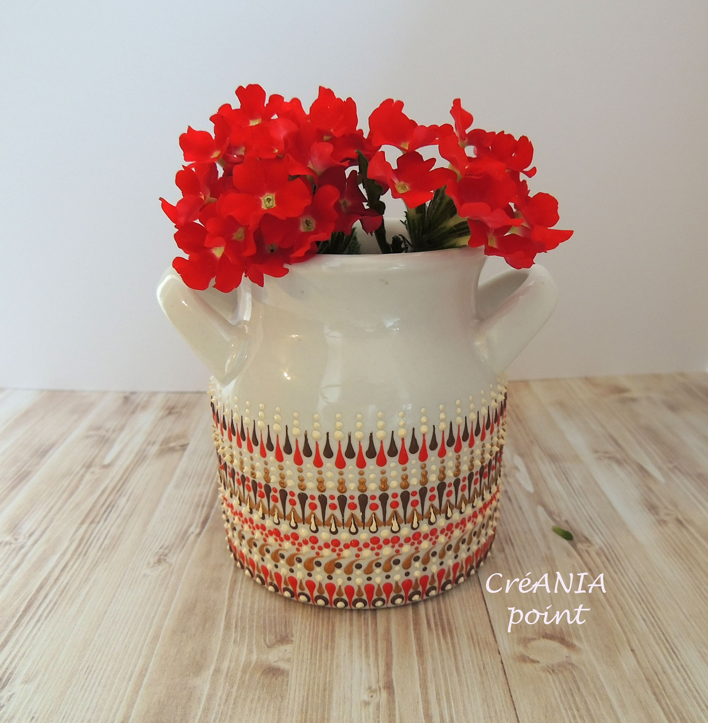 Pot de Fleur Céramique Vintage Peint A La Main Point Par Point