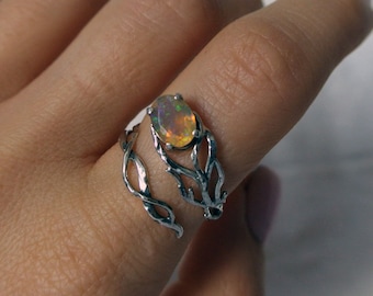 Opal ring, Elven ring, Sterling silver ring, adjustable ring, Forest ring