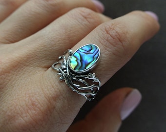 Abalone shell ring, Elven ring, Sterling silver ring, Mother of pearl ring, Forest ring