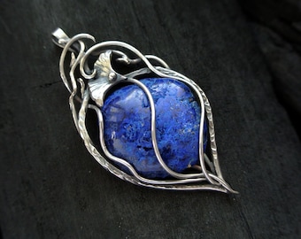 Flower pendant Azurite necklace Sterling silver pendant Elven necklace