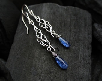 Kyanite earrings, Elven earrings,  Sterling silver earrings, Botanical earrings, Branch earrings