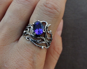 Amethyst ring, Sterling silver ring, Engagement ring, Elven ring, Woodstyle ring, statement ring