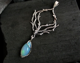 Opal necklace Sterling silver necklace Botanical necklace Elven jewelry Statement necklace