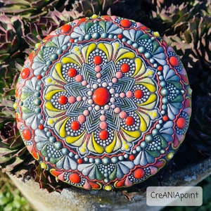 XL Grafica mandala a punti colorati in pittura a punti su pietra di legno