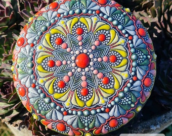 XL Colorful dot mandala artwork in dot painting on wood stone