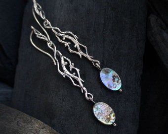 Abalone shell earrings, Elven earrings,  Sterling silver earrings, Botanical earrings, Branch earrings