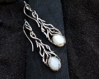 Moonstone earrings, Elven earrings,  Sterling silver earrings, Botanical earrings, Branch earrings