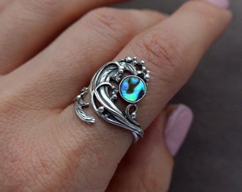 Abalone shell ring, Wave ring, Sterling silver ring, Mother of pearl ring, adjustable ring