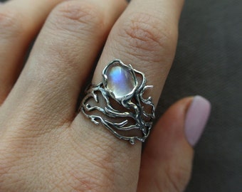 MAKE FOR ORDER  Moonstone ring, Elven ring, Sterling silver ring, Nature ring, Forest ring