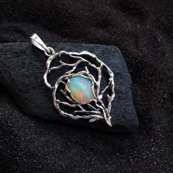 Opal necklace Sterling silver necklace Botanical necklace Elven jewelry Statement necklace