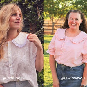 Puede incluir: Una blusa blanca de manga corta con patr&oacute;n floral bordado y cuello con volantes, junto a una blusa rosa claro de manga corta con un sutil patr&oacute;n de rayas verticales, cuello con volantes y cierre frontal de botones.