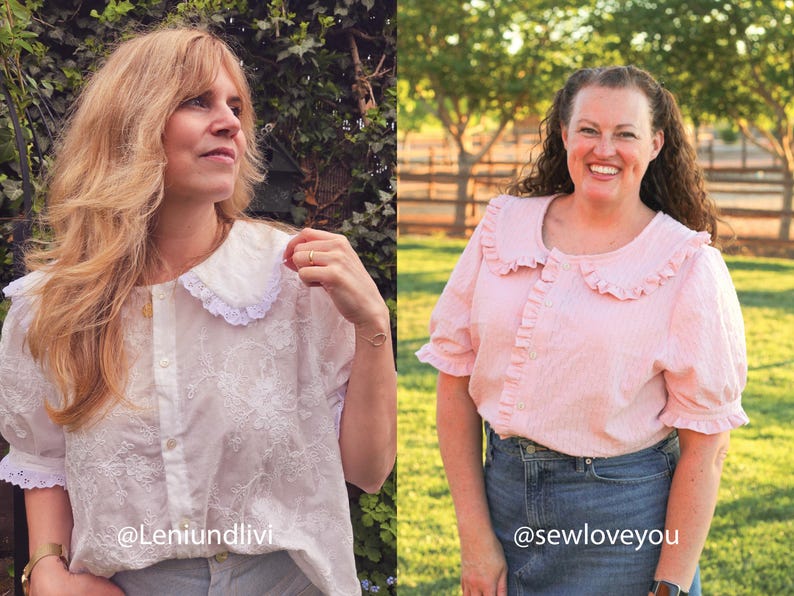 Puede incluir: Una blusa blanca de manga corta con patr&oacute;n floral bordado y cuello con volantes, junto a una blusa rosa claro de manga corta con un sutil patr&oacute;n de rayas verticales, cuello con volantes y cierre frontal de botones.