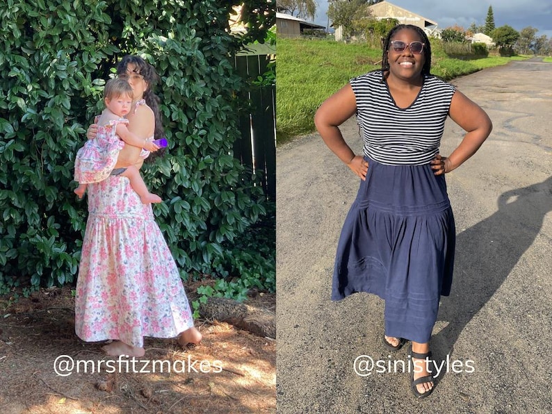 May include: Two women wearing dresses. One woman is holding a child wearing a matching floral dress. The other woman is wearing a navy blue skirt and a striped top. The image includes the text @mrsfitzmakes and @sinistyles.