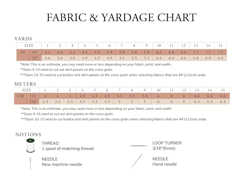 Peut inclure: Tableau des tissus et des m&eacute;trages pour la couture d'un v&ecirc;tement. Le tableau indique la quantit&eacute; de tissu n&eacute;cessaire en yards et en m&egrave;tres pour les tailles 1 &agrave; 15. Le tableau comprend &eacute;galement des notes sur la d&eacute;coupe des panneaux de jupe sur le fil du grain et des panneaux de corsage et de jupe sur le fil du grain lors de la s&eacute;lection de tissus de 44 pouces de large. Le tableau comprend &eacute;galement une liste des fournitures n&eacute;cessaires au projet, notamment du fil, un retourneur de boucle et une aiguille.