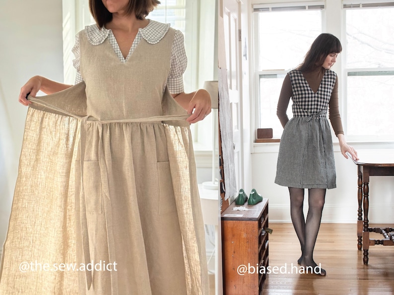 Peut inclure: Deux femmes portant des robes de styles diff&eacute;rents. La femme de gauche porte une robe en lin beige avec un col blanc et une ceinture &agrave; la taille. La femme de droite porte une robe &agrave; carreaux noirs et blancs avec un pull &agrave; col roul&eacute; marron. La l&eacute;gende &agrave; gauche indique "@thesewaddict" et la l&eacute;gende &agrave; droite indique "@biased.hand".