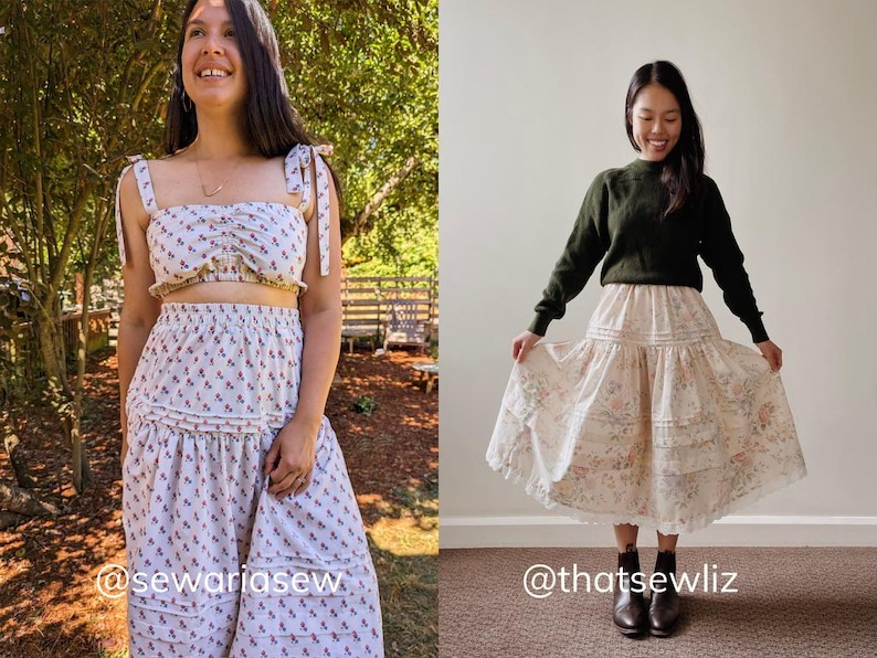May include: Two-piece floral print outfit and a long skirt. The first outfit is a white crop top and a matching skirt with a red floral pattern. The second outfit is a long skirt with a floral pattern and a dark green sweater.