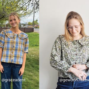 Puede incluir: Una blusa de manga corta a cuadros azules y amarillos con cuello de volantes y cierre de botones, junto a una blusa de manga larga con estampado floral peque&ntilde;o en verde y blanco, cuello de volantes y cierre de botones, ambas con vaqueros.