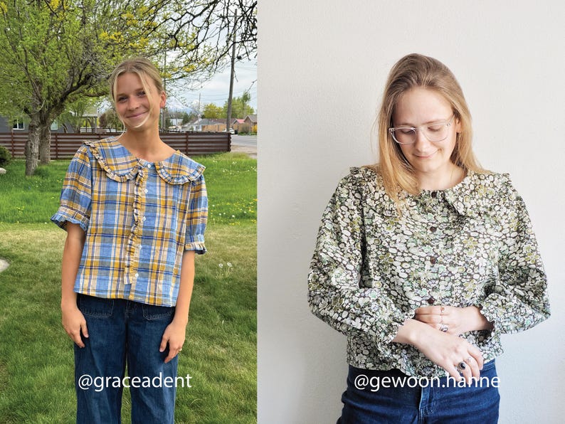 Puede incluir: Una blusa de manga corta a cuadros azules y amarillos con cuello de volantes y cierre de botones, junto a una blusa de manga larga con estampado floral peque&ntilde;o en verde y blanco, cuello de volantes y cierre de botones, ambas con vaqueros.