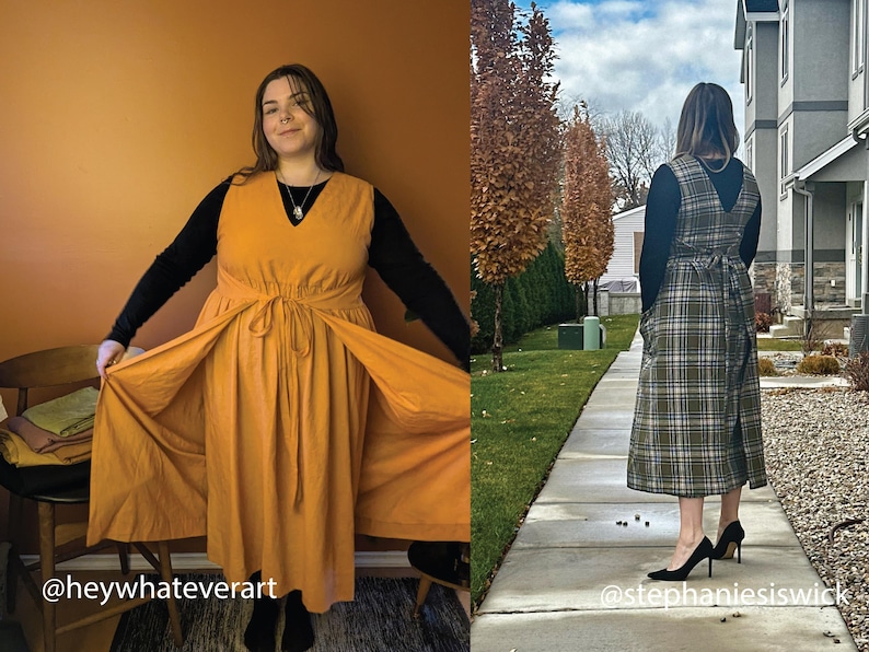 Peut inclure: Deux femmes portant des robes de styles diff&eacute;rents. La femme de gauche porte une robe sans manches jaune moutarde avec une taille &agrave; cordon. La femme de droite porte une robe &agrave; carreaux avec un haut noir. Les deux femmes portent des chaussures noires.