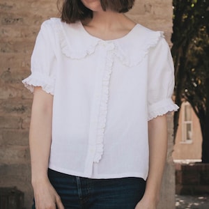 Beth Blouse PDF Sewing Pattern | Size-Inclusive 0-32 | Beginner Friendly | Video Tutorial | Peter Pan Collar, Puff Sleeve, Ruffles, Ease