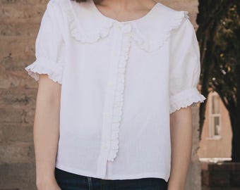 Beth Blouse PDF Sewing Pattern | Size-Inclusive 0-32 | Beginner Friendly | Video Tutorial | Peter Pan Collar, Puff Sleeve, Ruffles, Ease