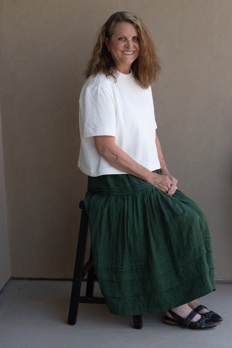 Elastic waist skirt, with two tiers and pin-tucks. Vintage, Doen, Christy Dawn inspired skirt. Romantic midi-length skirt.
