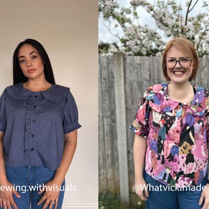 Puede incluir: Dos camisas de manga corta con botones, grandes cuellos con volantes y pu&ntilde;os fruncidos. Una camisa es de color azul s&oacute;lido y la otra presenta un estampado gr&aacute;fico colorido de varias figuras. Ambas camisas se combinan con pantalones vaqueros azules.