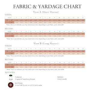 Puede incluir: Una tabla de telas y metraje que muestra dos vistas para mangas cortas y largas con tablas para yardas y metros. La tabla incluye secciones para materiales, enumerando un carrete de hilo a juego, una aguja de mano y 5-6 botones de 1 cm o 1,3 cm de ancho.