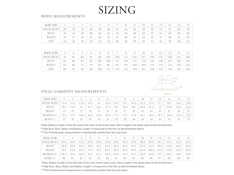 Peut inclure: Tableau des tailles pour un v&ecirc;tement avec des mesures en pouces et en centim&egrave;tres. Le tableau comprend les mesures du tour de poitrine haut, du tour de poitrine, de la taille, des hanches, de la longueur du corsage et de la longueur de la jupe.