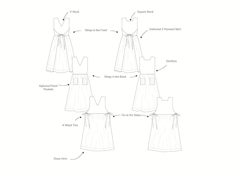 Peut inclure: Illustration de dessin au trait d'une robe avec diff&eacute;rents styles d'encolure et de jupe. La robe a un col en V, un col carr&eacute; et une jupe &agrave; 2 panneaux fronc&eacute;s. La robe peut &ecirc;tre envelopp&eacute;e &agrave; l'avant, &agrave; l'arri&egrave;re ou nou&eacute;e sur les c&ocirc;t&eacute;s. La robe a des poches plaqu&eacute;es en option et 4 liens &agrave; la taille. La robe a un ourlet profond.