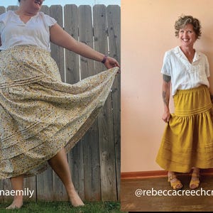 May include: Two women wearing handmade skirts. One skirt is yellow with a floral pattern, the other is mustard yellow. Both skirts have a gathered waist and a flowing, midi-length design. The women are standing outside, showcasing the skirts.