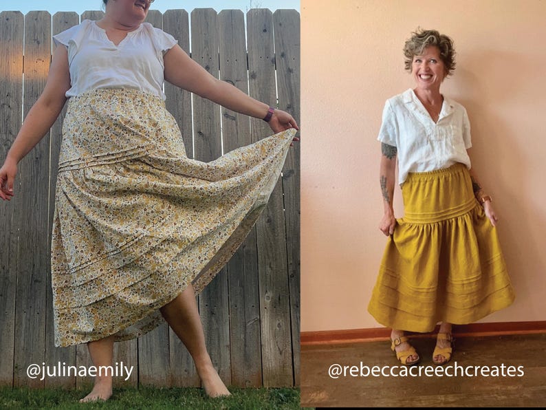 May include: Two women wearing handmade skirts. One skirt is yellow with a floral pattern, the other is mustard yellow. Both skirts have a gathered waist and a flowing, midi-length design. The women are standing outside, showcasing the skirts.
