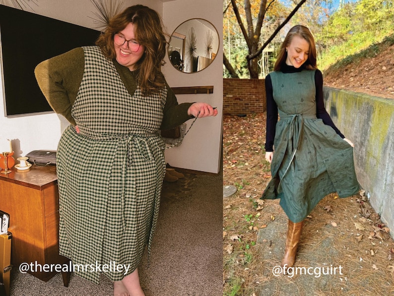 Peut inclure: Deux femmes portant des robes &agrave; motifs verts et noirs. La femme de gauche porte une robe en vichy verte et noire avec une ceinture marron. La femme de droite porte une robe verte avec une ceinture noire. Les deux femmes sourient.