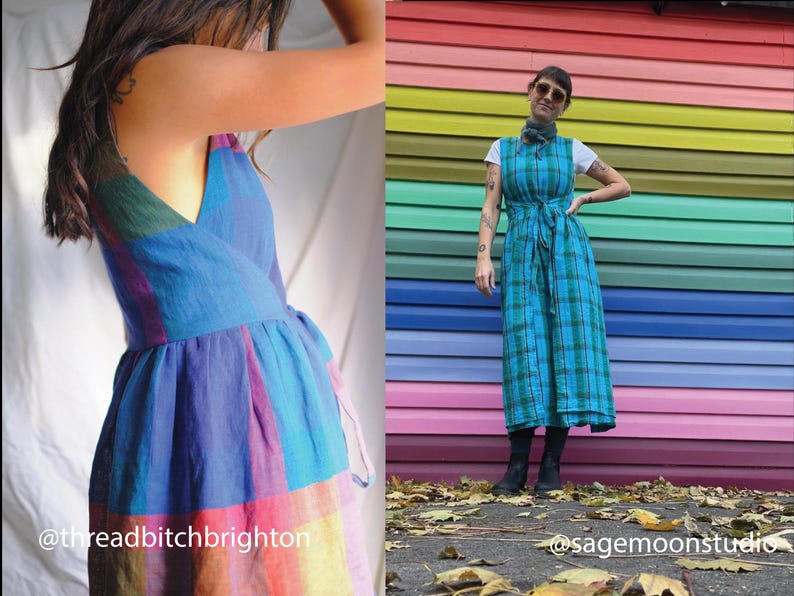 Peut inclure: Deux femmes portant des robes &agrave; carreaux bleus et verts. La femme de gauche porte une robe &agrave; rayures arc-en-ciel. La femme de droite se tient devant un mur aux couleurs de l'arc-en-ciel. Le texte '@threadbitchbrighton' est visible en bas &agrave; gauche de l'image. Le texte '@sagemoonstudio' est visible en bas &agrave; droite de l'image.