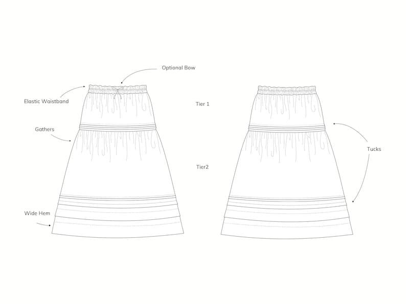 May include: Line drawing of a two-tiered skirt design. Features include an elastic waistband, gathers, an optional bow, tucks, and a wide hem. The skirt is shown from the front and back views, with labels pointing to the design elements.
