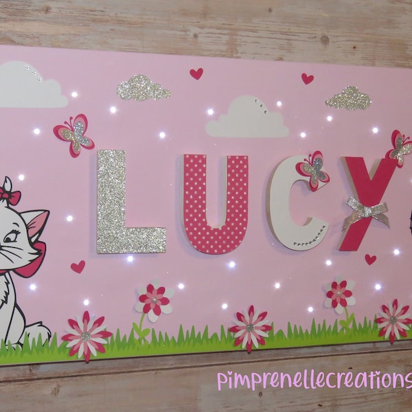 Tableau petits chats avec prénom, tableau chatons pour fille, tableau lumineux avec prénom pour fille, tableau chat, déco chats blanc