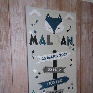 Tableau naissance personnalisé montagnes, cadeau naissance personnalisé renard, déco chambre gris et bleu, tableau info naissance, déco bébé
