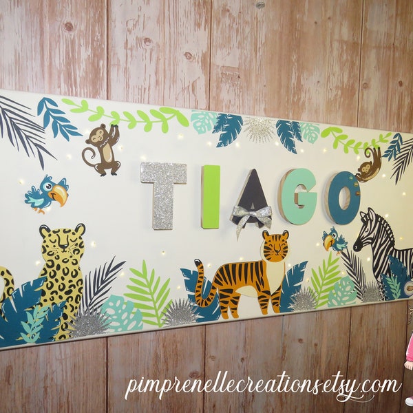 Tableau prénom tigre zèbre, pancarte porte enfant, toile lumineuse jungle personnalisée, affiche jungle personnalisée, déco chambre jungle,