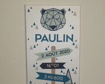 Personalisierter Geburtstisch, geometrisches Tiergeburtsgeschenk, Origami-Tierdekoration, geometrischer Bergtisch, Vornamentisch,