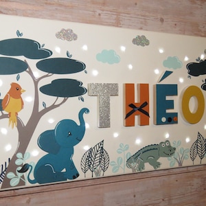 Painting under my baobab with first name, luminous savannah canvas, lion and elephant painting with first name, savannah decoration for baby boy's room,