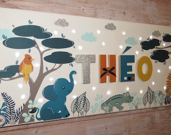 Painting under my baobab with first name, luminous savannah canvas, lion and elephant painting with first name, savannah decoration for baby boy&#39;s room,