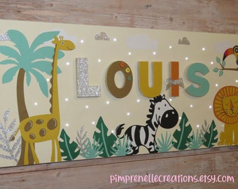 Jungle painting with first name, light painting with first name, personalized painting with animals, jungle inspired painting for Vertbaudet holiday