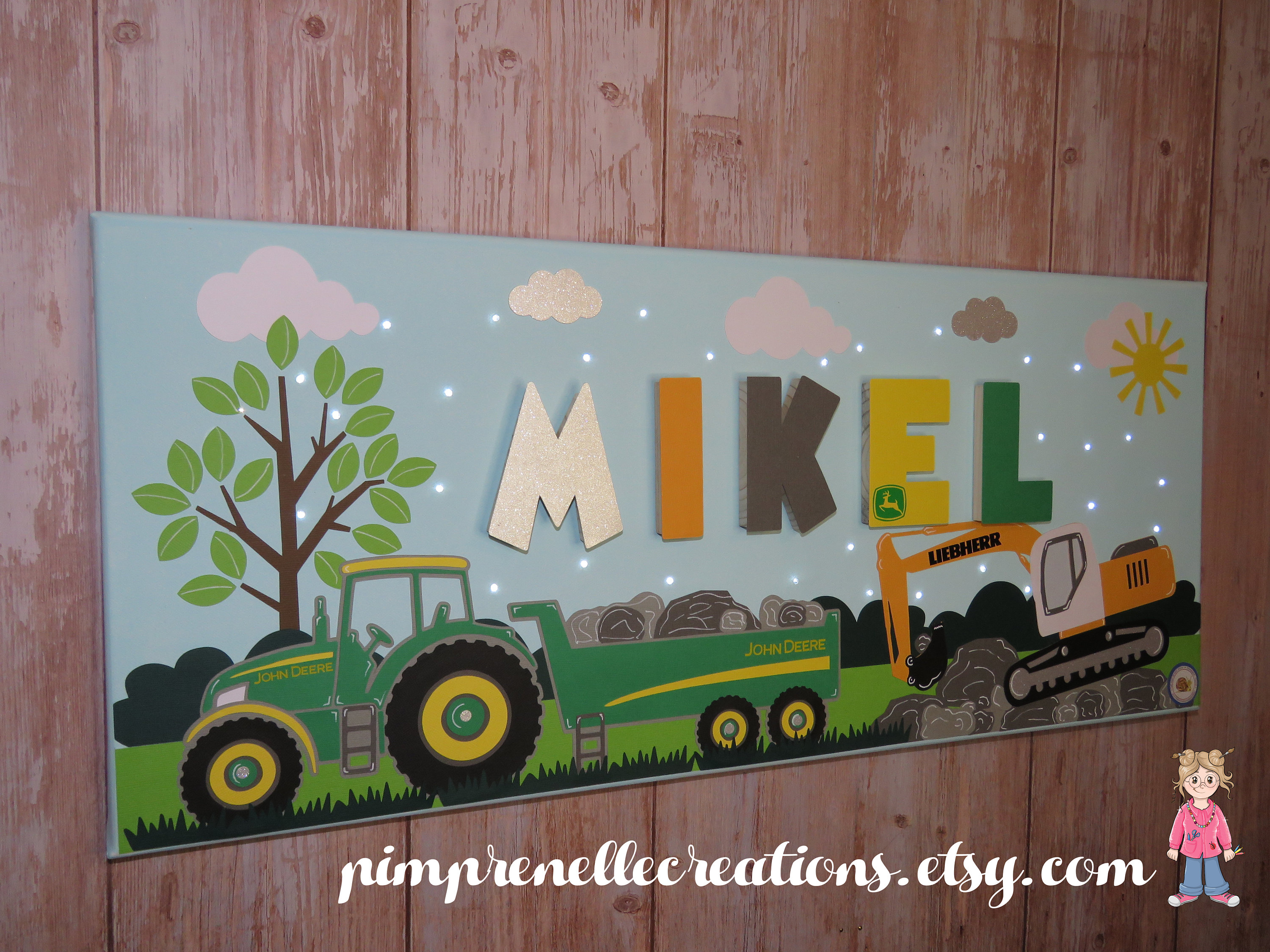 Tableau lumineux avec prénom et tracteur, décoration murale