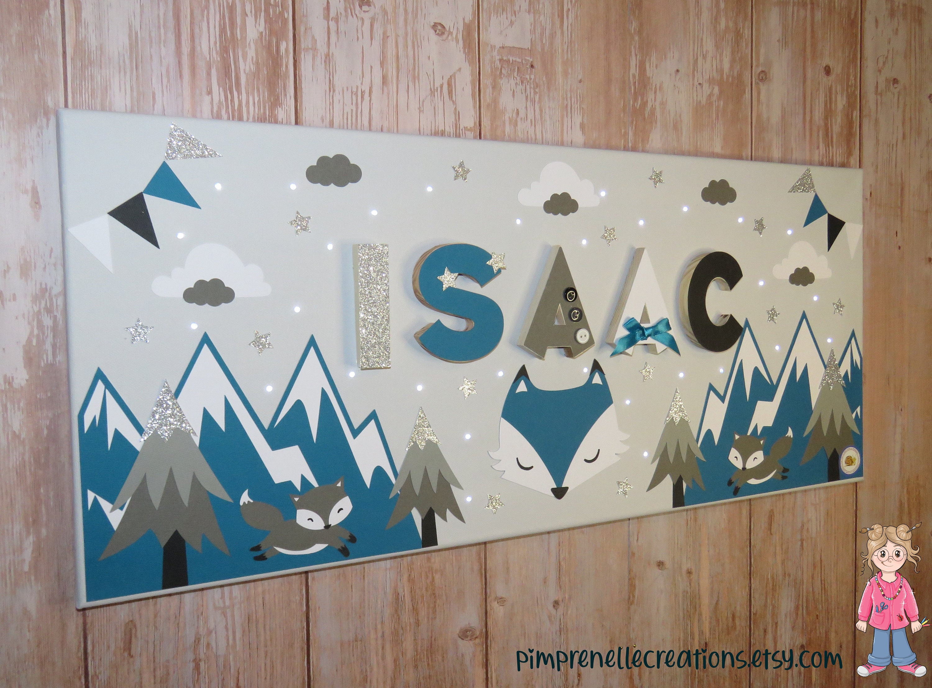 Tableau Renard avec Prénom, Tableau Chambre Petit Garçon, Prénom Lumineux, Personnalisé Renard, Déco