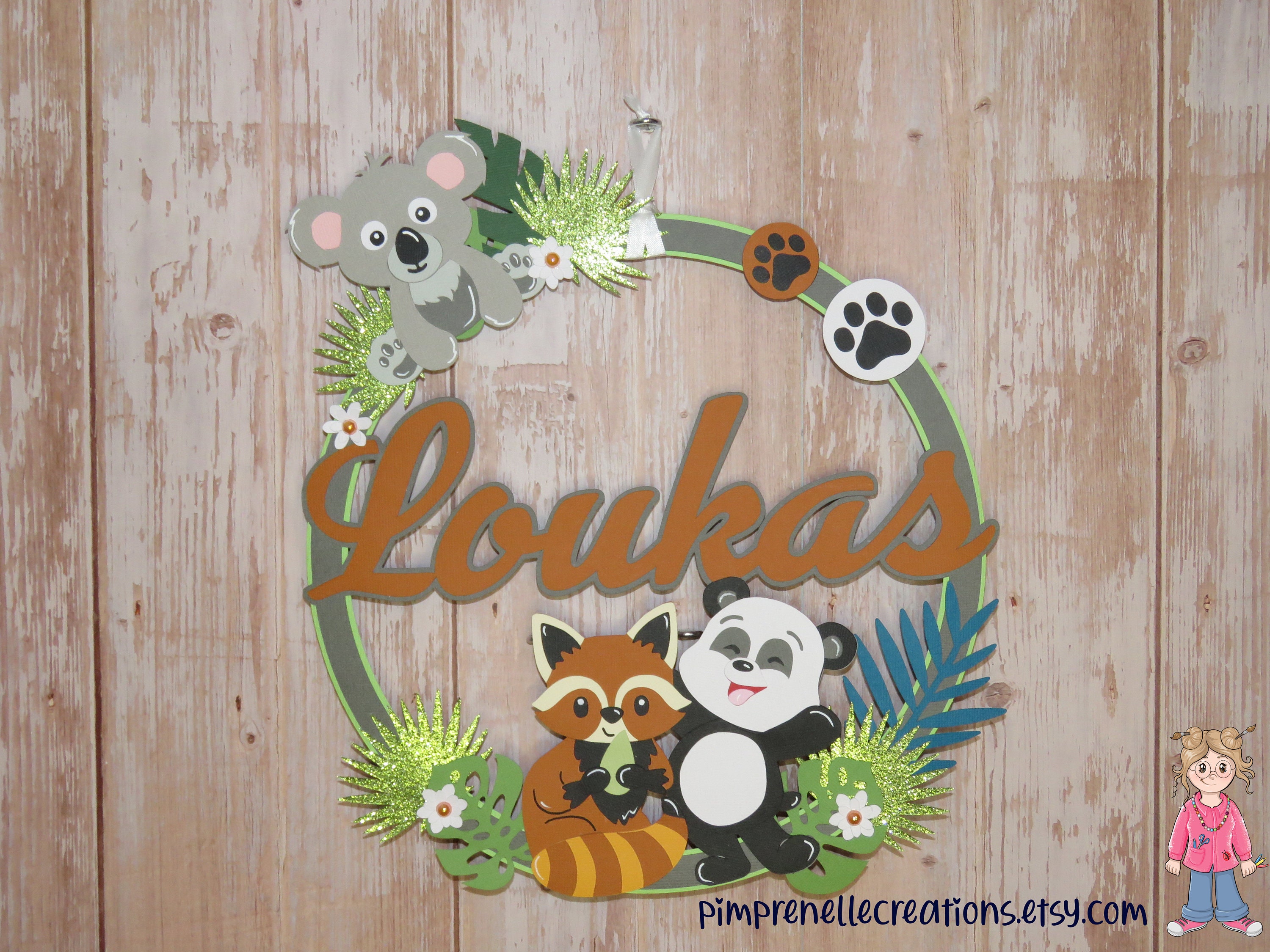 Couronne de Porte avec Prénom Personnalisée, Couronne Petit Panda et Roux, Déco Panda, Chambre Bébé,